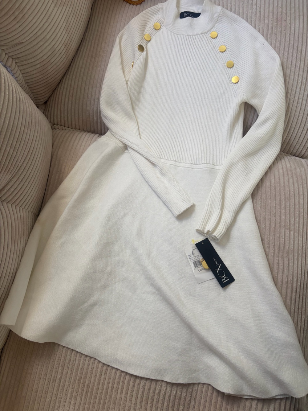 BCX Cream Knit Turtleneck Sweater Dress with Gold Buttons